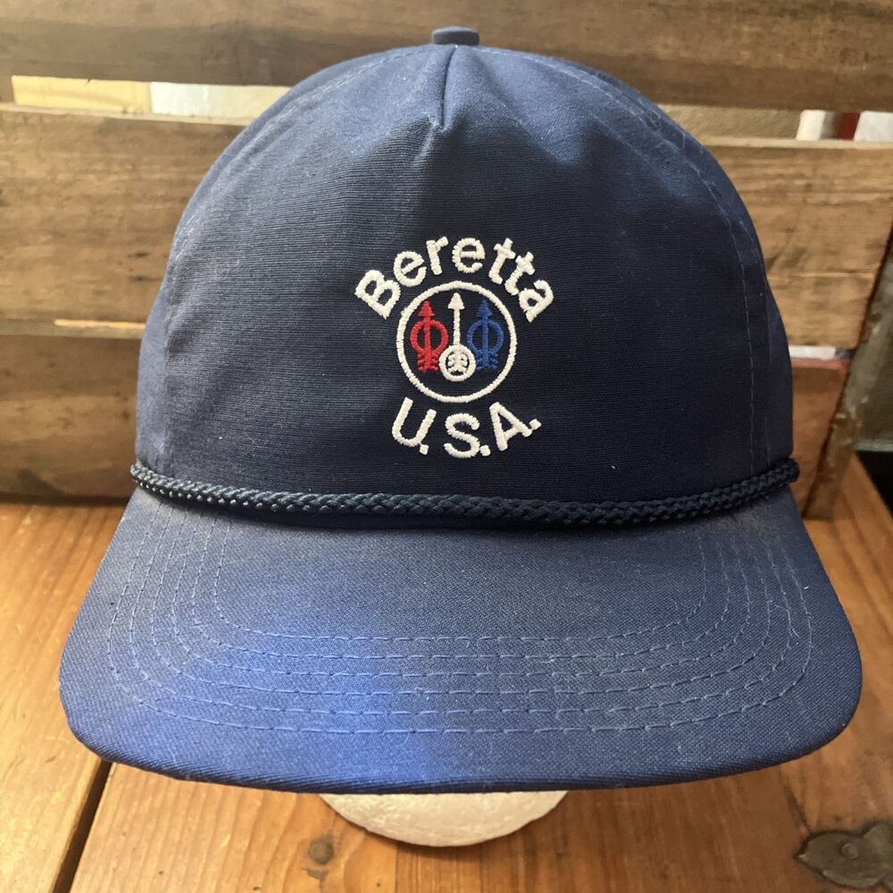 Vintage Beretta USA Firearms Guns Embroidered Navy Blue Snapback Cap w/ Rope